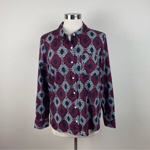 Tommy Hilfiger Navy Blue Red White Chain Link Nautical Button Down Blouse Top